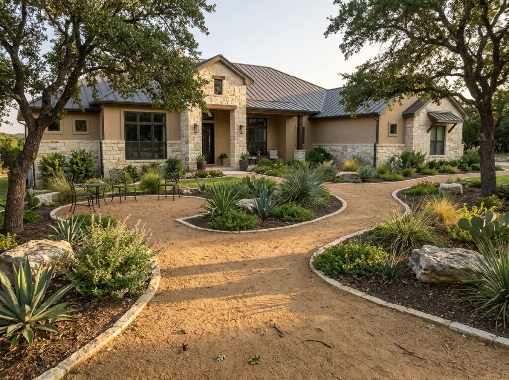 Decomposed Granite ground cover spread in a smooth tan layer along a garden path edge.