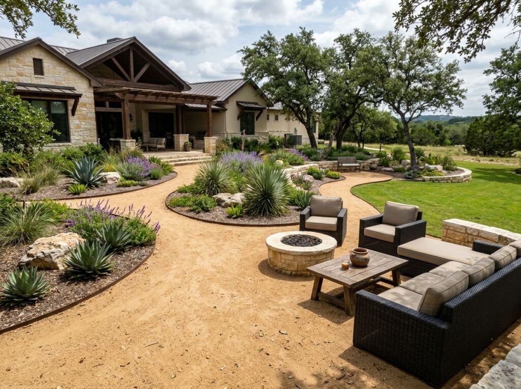 Decomposed Granite ground cover spread as a tan, fine gravel path bordered by landscape edging and plants.