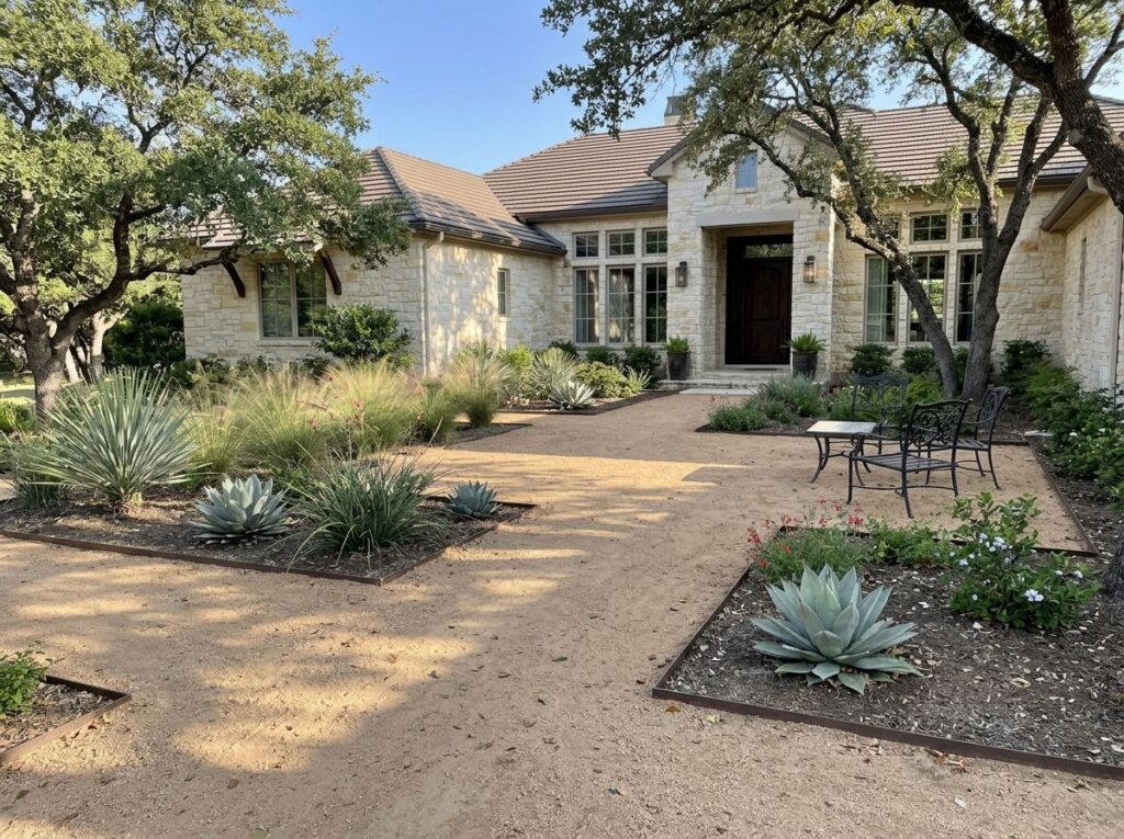 Decomposed Granite ground cover spread in a smooth tan layer along a garden path beside plants.