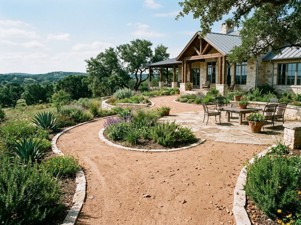 Decomposed Granite ground cover spread in a smooth tan layer along a landscaped path beside plants.