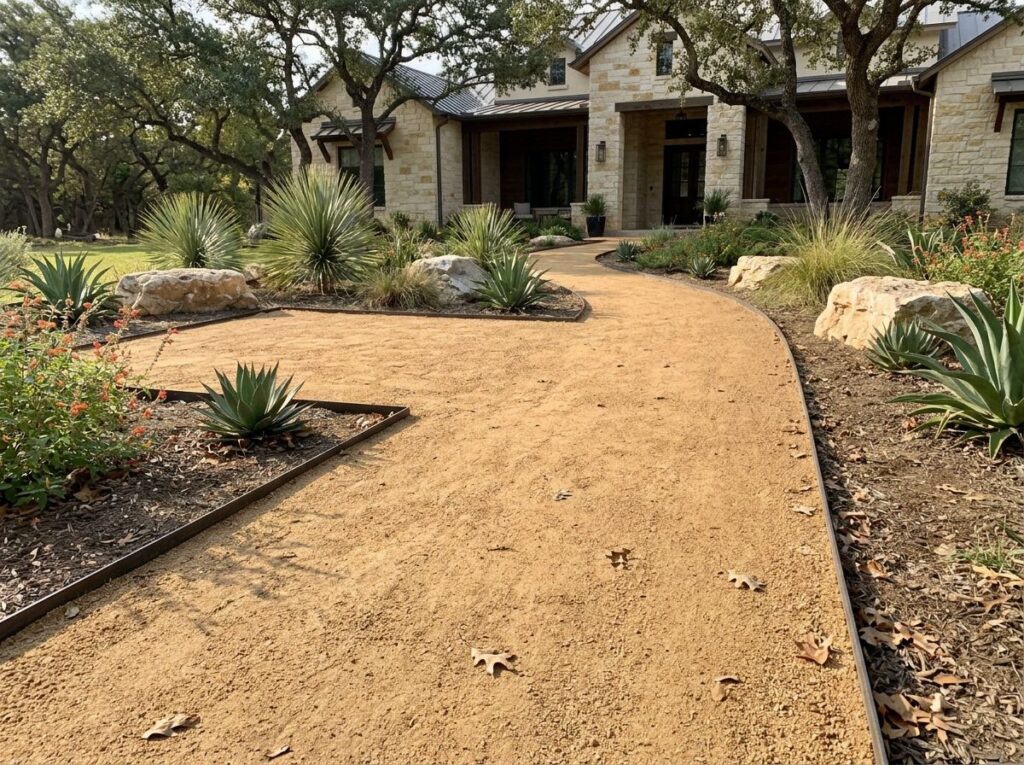 Decomposed Granite ground cover shown as tan, sandy gravel spread evenly for landscaping.