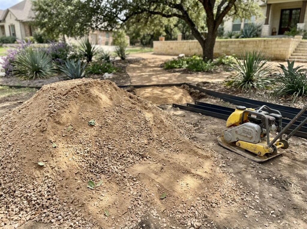 Decomposed Granite ground cover spread in a smooth tan layer with fine gravel texture for landscaping paths.