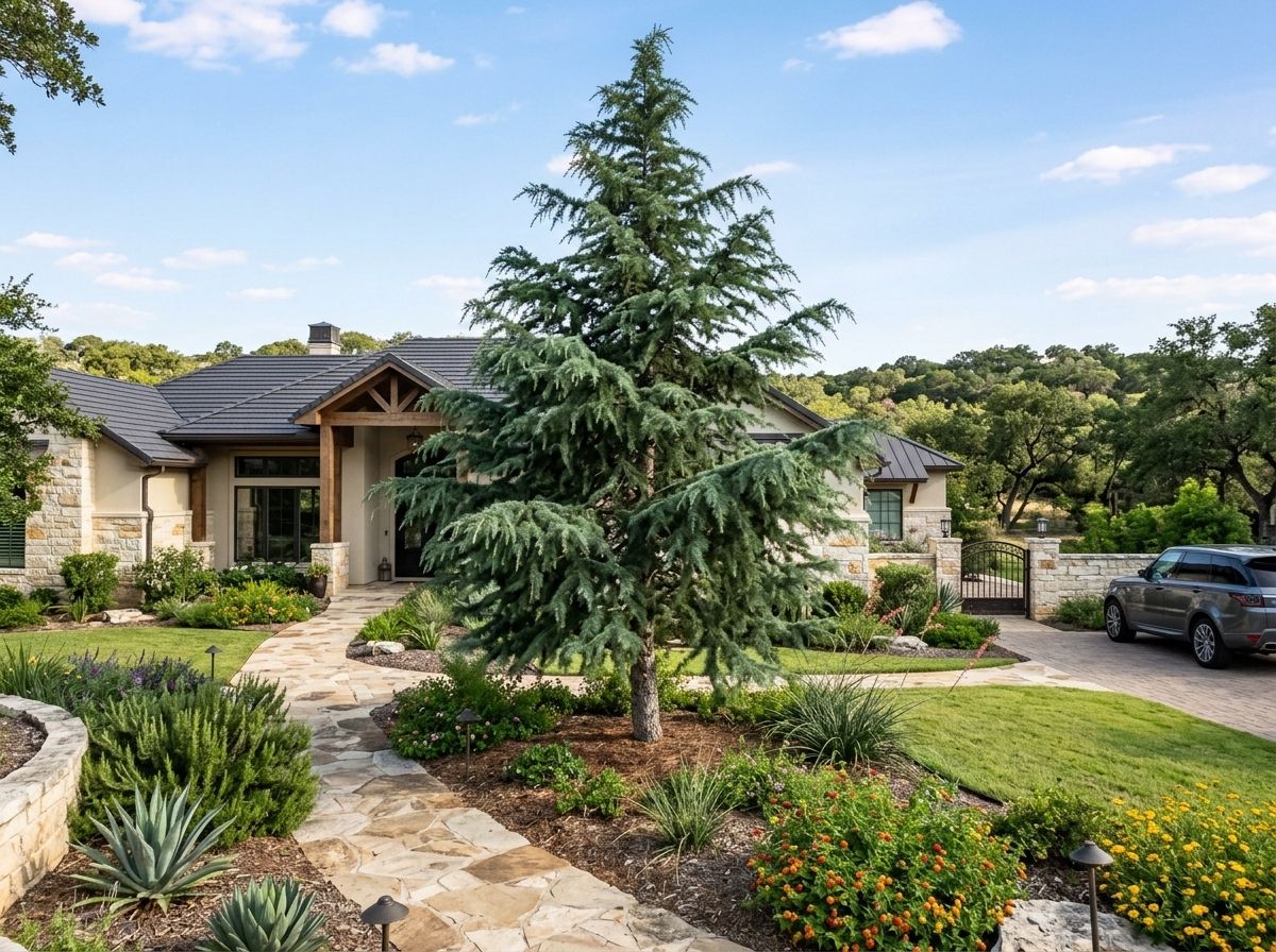 Deodar Cedar tree with dense blue-green needles and a conical form growing in a landscaped yard.