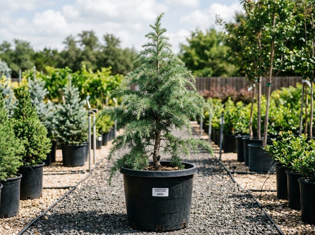 Deodar Cedar tree with dense green needles and a conical shape on a white background.
