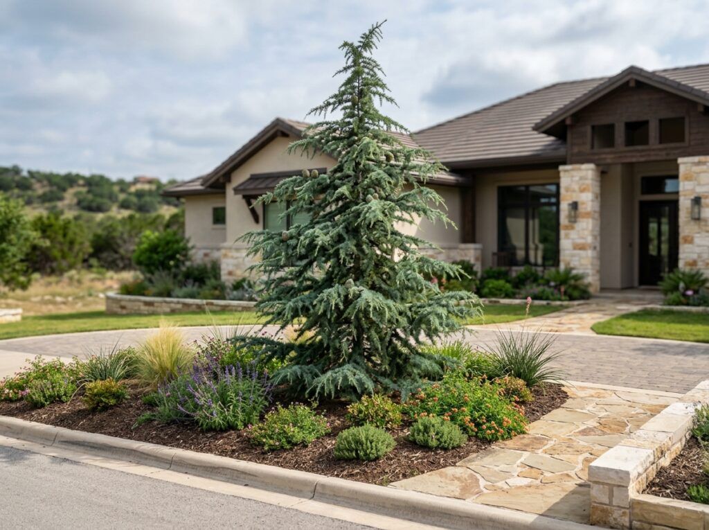 Deodar Cedar tree with dense green needles in a nursery container.