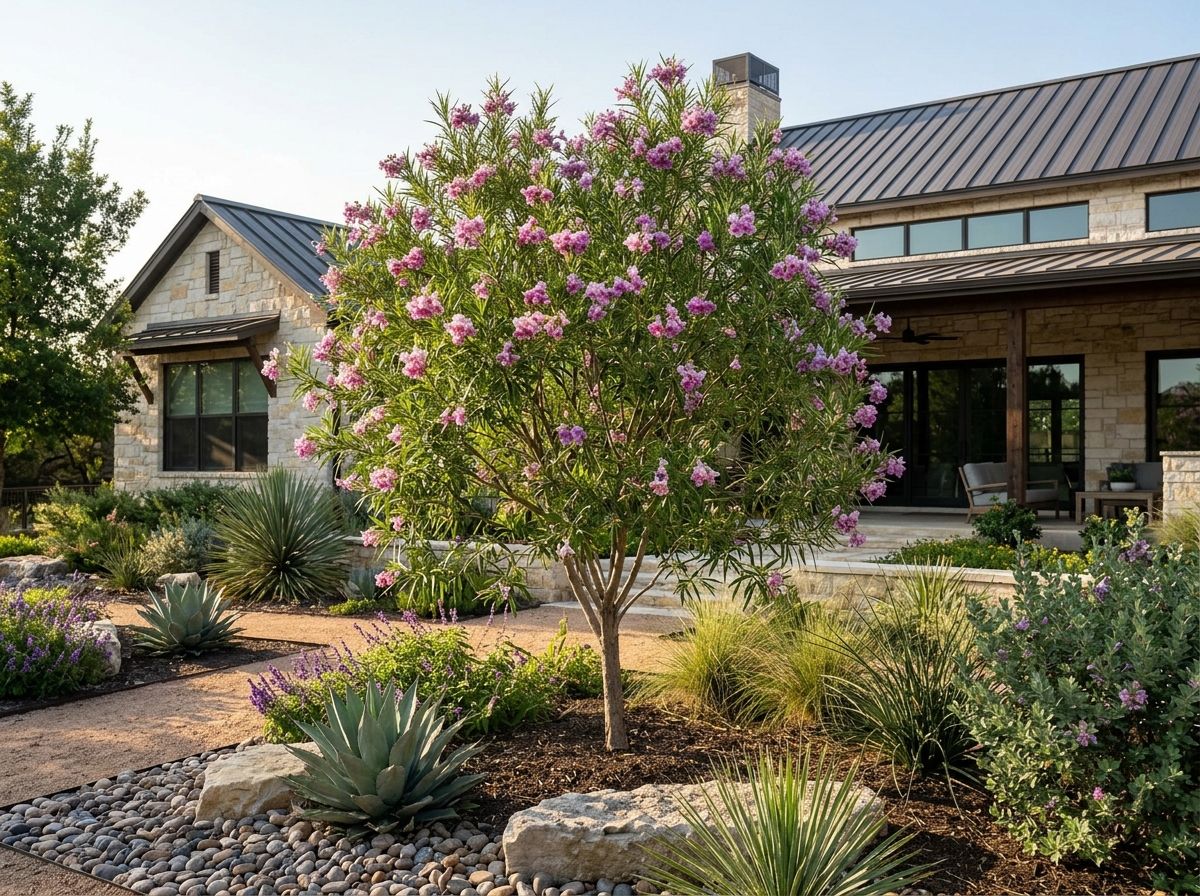 Desert Willow tree with slender green leaves and pink trumpet flowers in bloom.