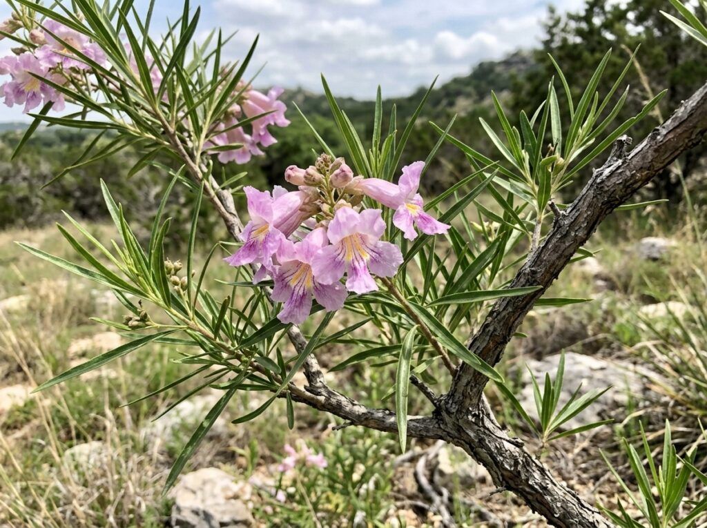 Desert Willow tree in a black nursery pot, showing slender green leaves and branching trunk.