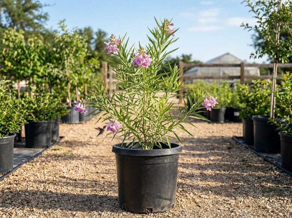 Desert Willow tree in a nursery container with slender green leaves and airy branching silhouette.
