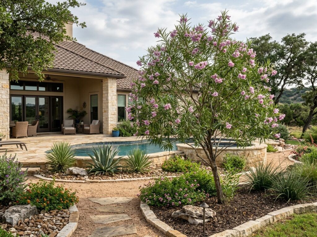 Desert Willow tree with slender green leaves and clusters of pink trumpet-shaped flowers in bloom.