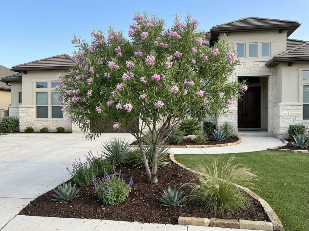 Desert Willow tree with slender trunk, narrow green leaves, and pink trumpet flowers in bloom.