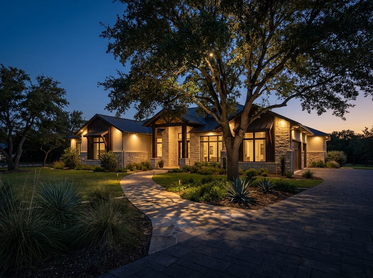 Down Light landscape lighting downlight mounted to tree branch casting warm beam onto shrubs and walkway.