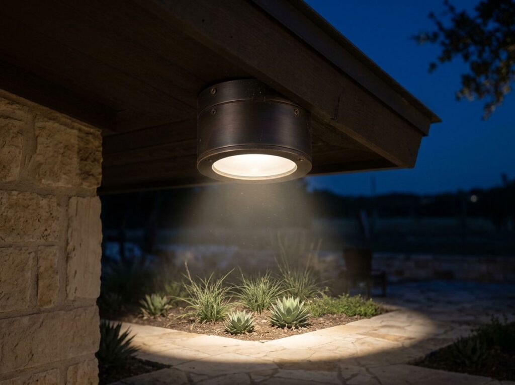 Down Light landscape lighting fixture in black metal, mounted under eave, casting focused beam downward.
