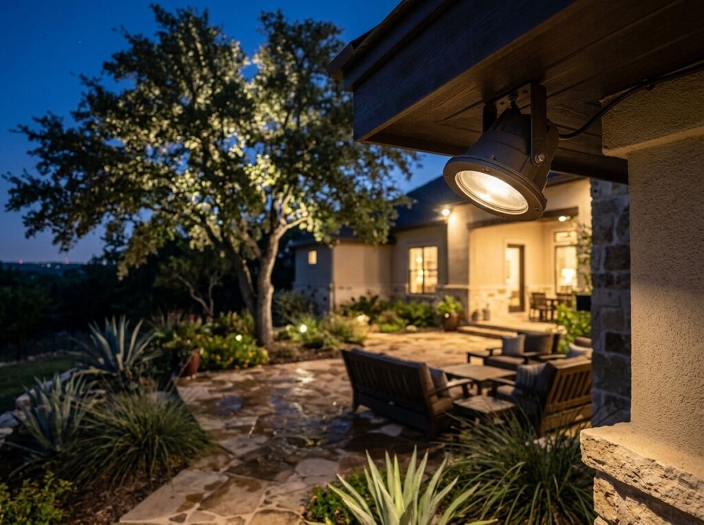 Down Light landscape lighting fixture in dark bronze, mounted overhead and casting a focused beam downward.