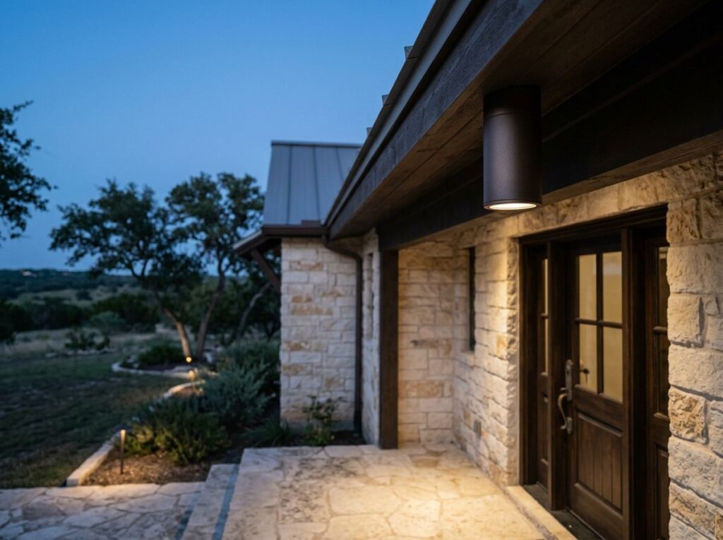Down Light landscape lighting fixture in black finish, mounted under an eave and casting a warm beam downward.