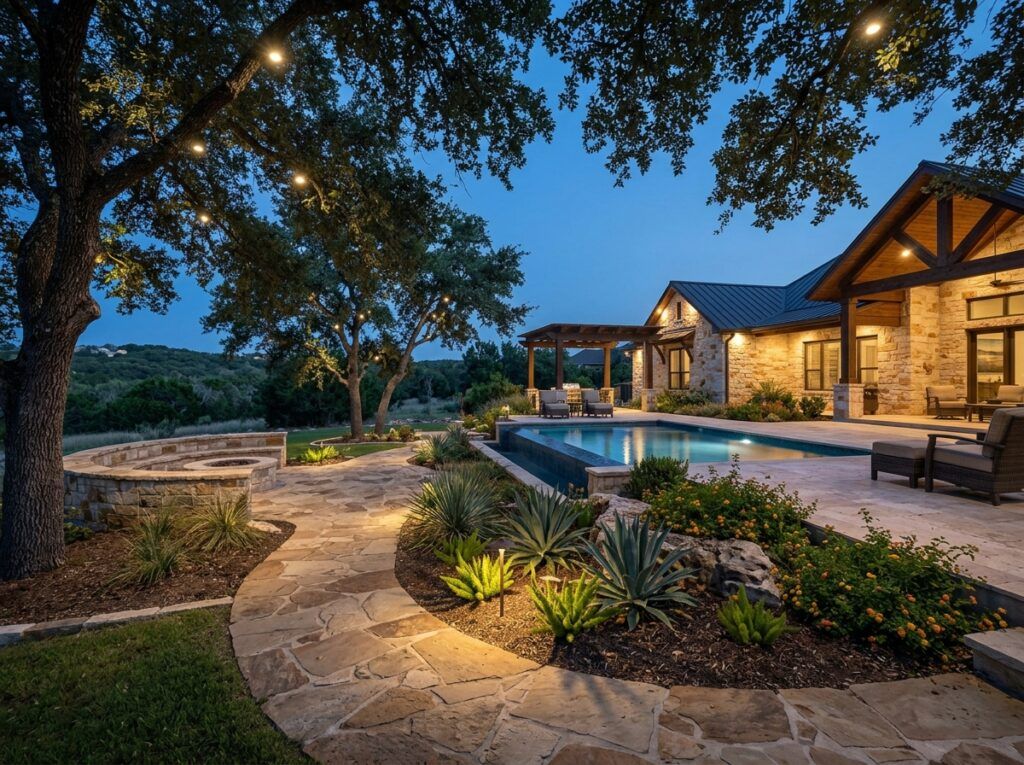 Down Light landscape lighting fixture mounted under an eave, casting a warm downward beam onto plants below.