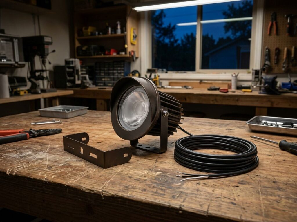 Down Light landscape lighting fixture mounted under eave, black finish, casting a focused beam downward.