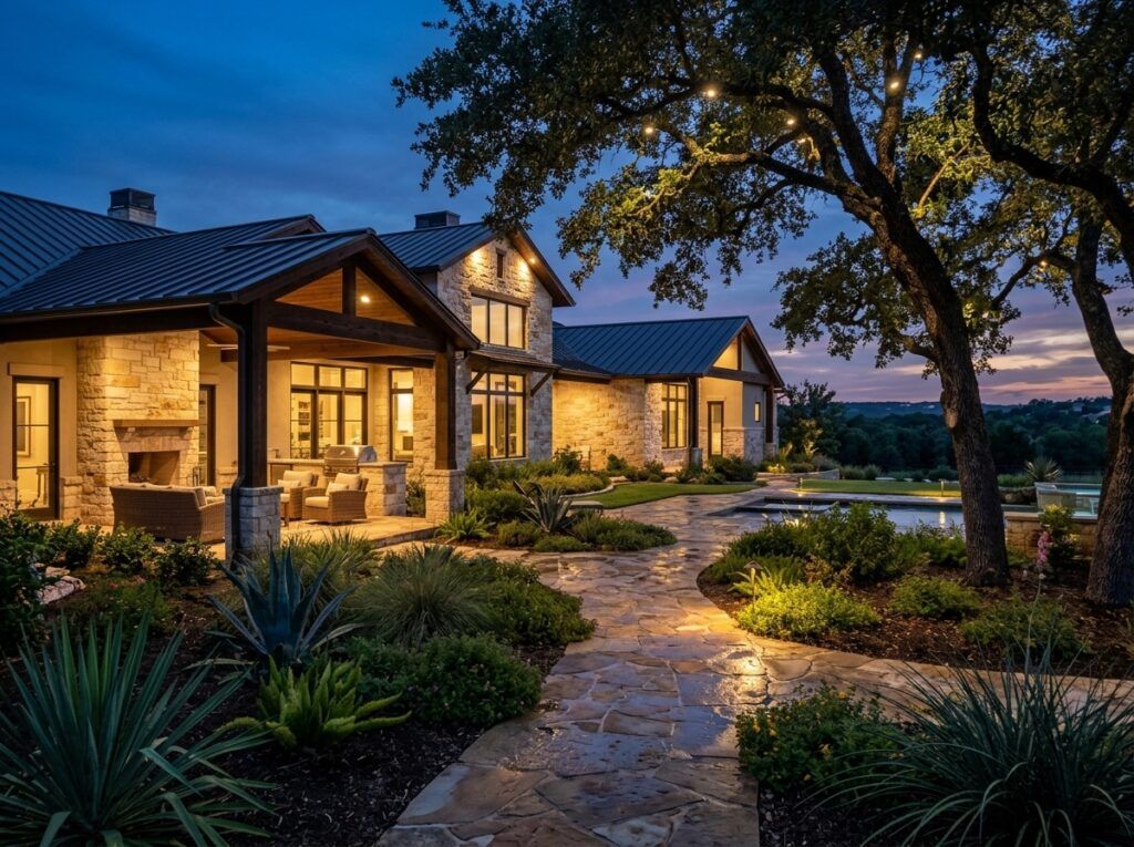 Down Light landscape lighting mounted under an eave casts a warm downward beam onto the stone wall and shrubs.