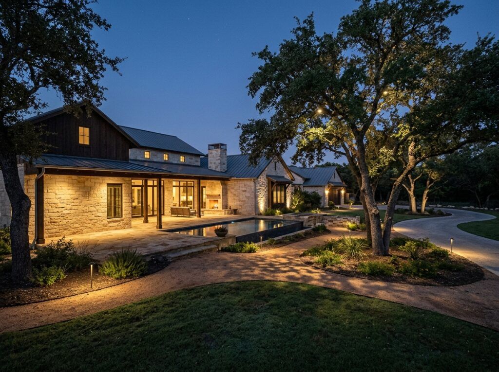 Down Light landscape lighting installed under eave, casting warm cone of light onto stone wall and shrubs.