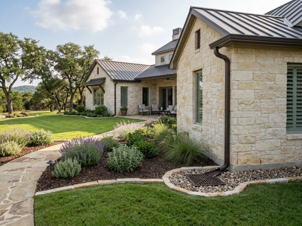 Downspout French Drain Combo French drain piping from gutter downspout into gravel trench beside home.