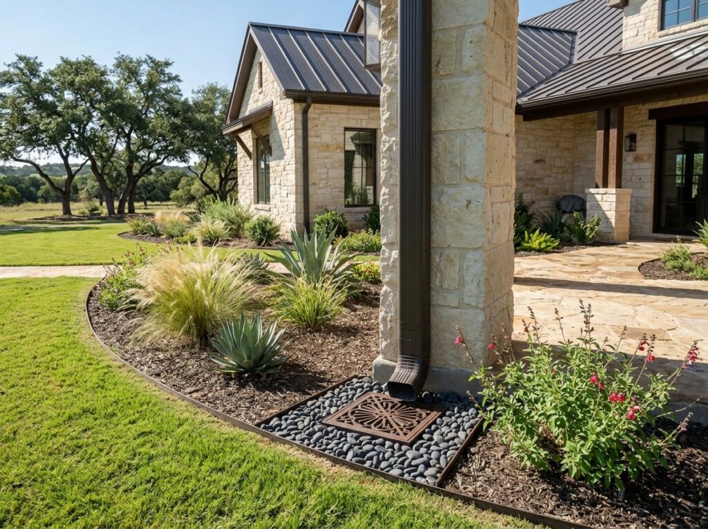 Downspout French Drain Combo drainage system with buried pipe extending from downspout along yard slope.