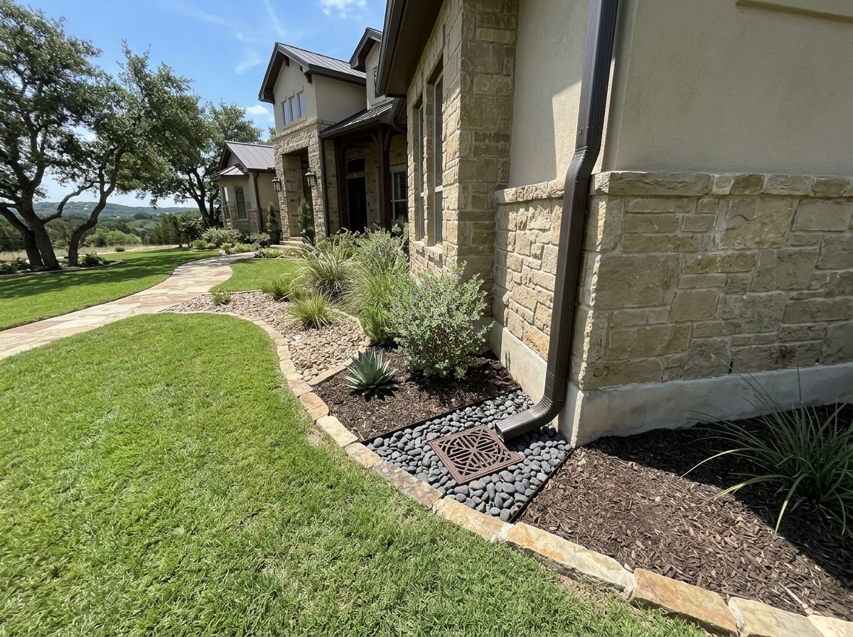Downspout French Drain Combo drainage line connects gutter downspout to buried pipe with gravel trench along lawn edge.