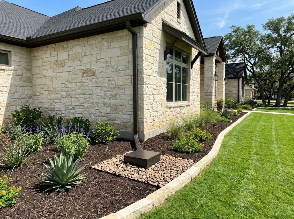 downspout__french_drain_combo drainage installation with black corrugated pipe from downspout into a gravel trench