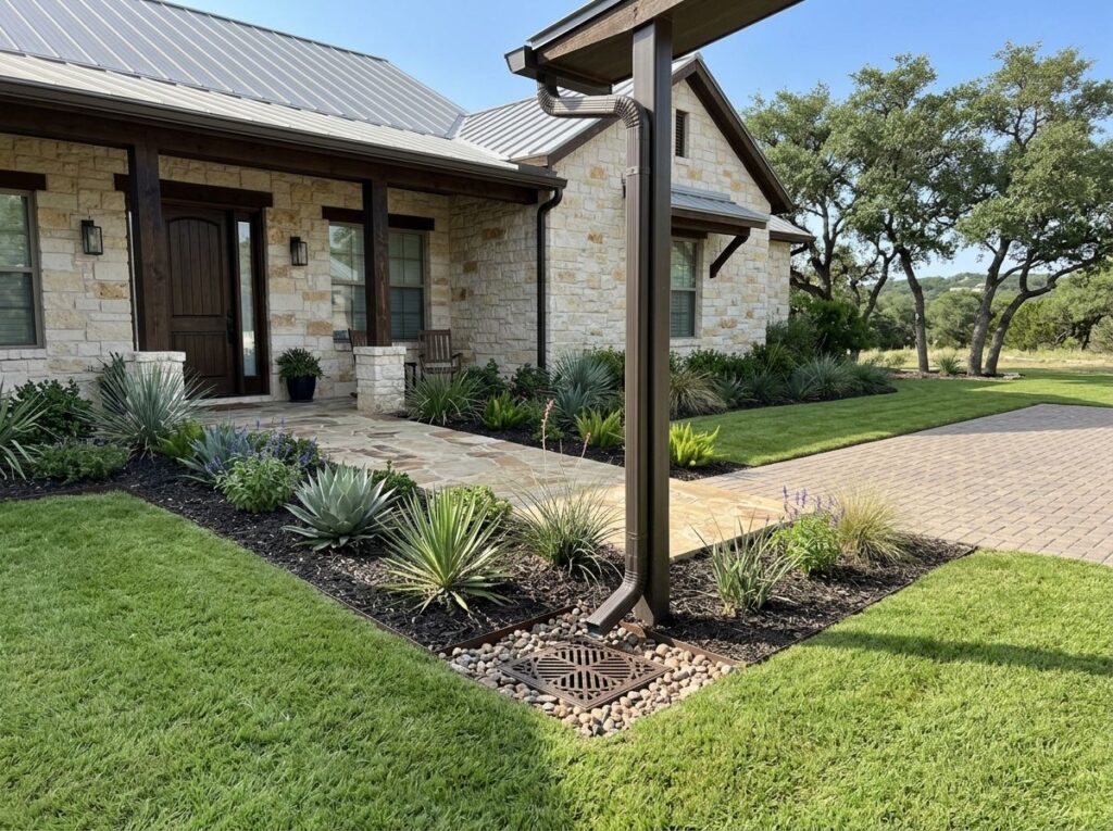 Downspout & French Drain Combo drainage kit with downspout adapter feeding buried perforated pipe beside house.