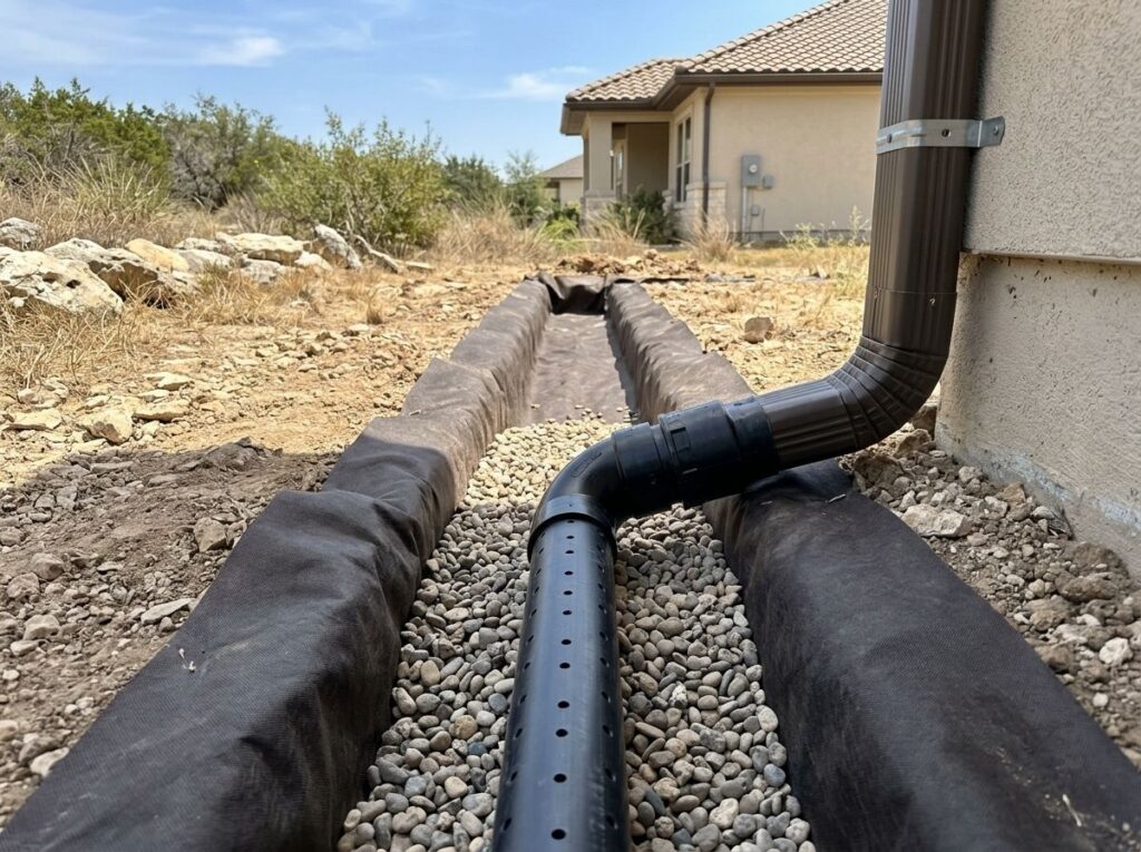 Downspout French Drain Combo French drain drainage pipe connected to a downspout outlet beside the home’s foundation.