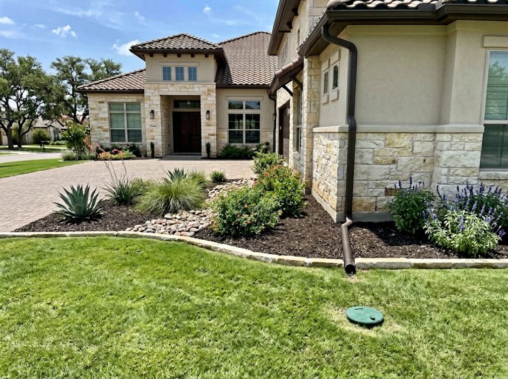 Downspout drainage line with corrugated pipe connected at the gutter, routed along the lawn to carry runoff away.