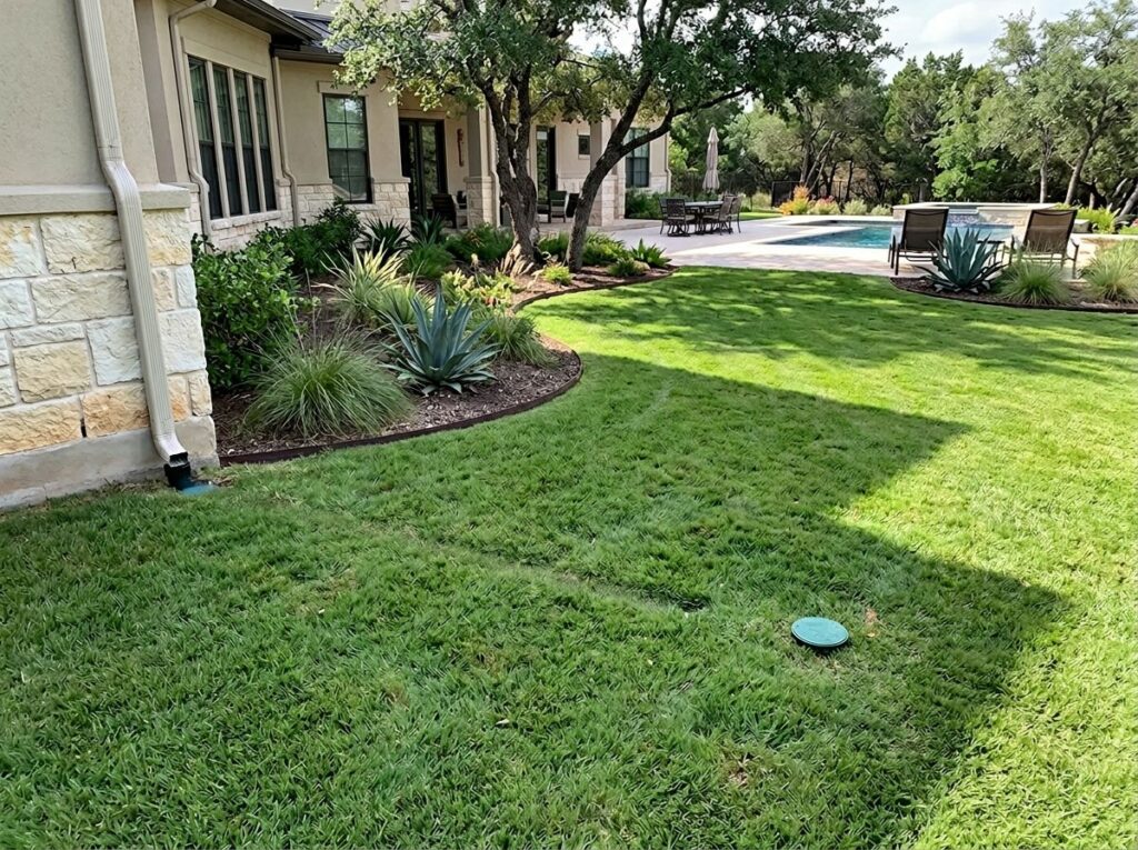 Downspout drainage extension with black corrugated pipe buried beside the house to carry roof runoff away.