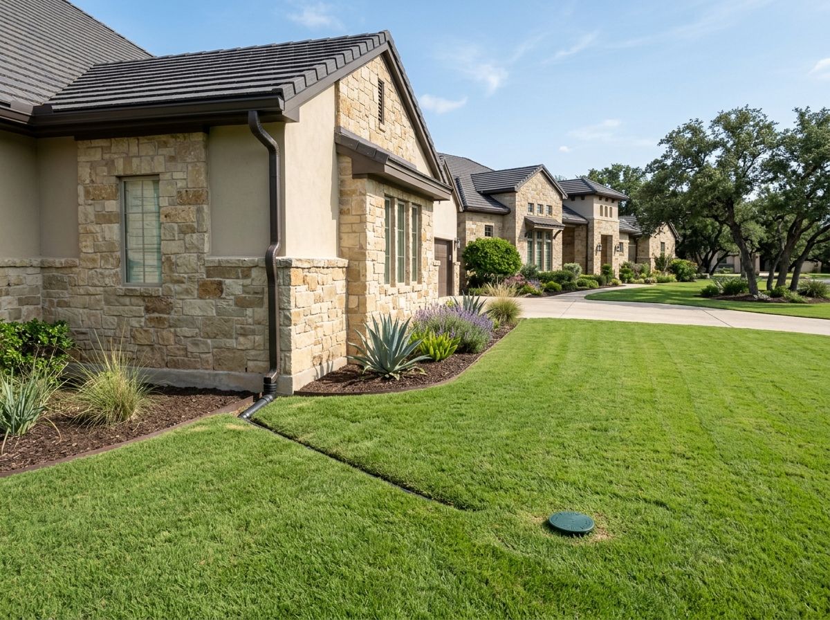 Downspout drainage extension pipe directing roof runoff into buried drain at lawn edge.