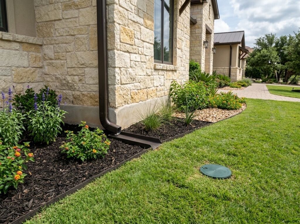 Downspout drainage pop-up emitter in lawn near foundation, directing runoff through buried pipe.