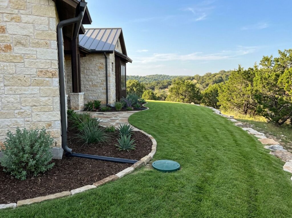 Downspout Popup drainage emitter in lawn with black cap at grade dispersing roof runoff.
