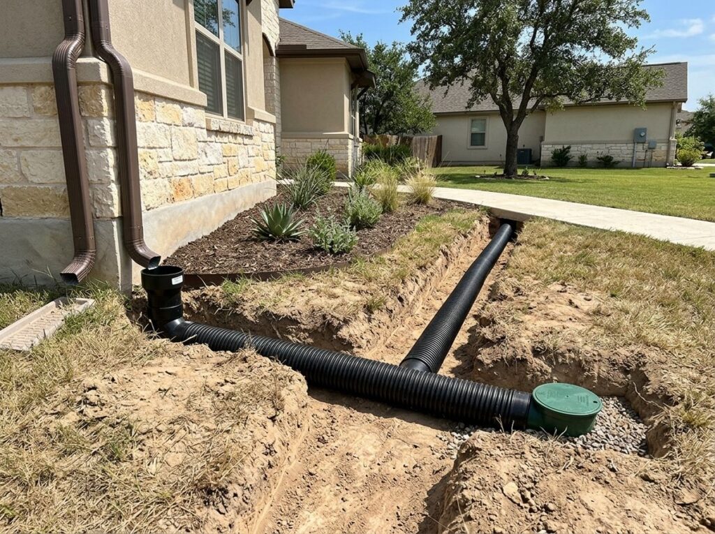 Downspout drainage extension at gutter outlet directs roof runoff away from the house along the landscape bed.