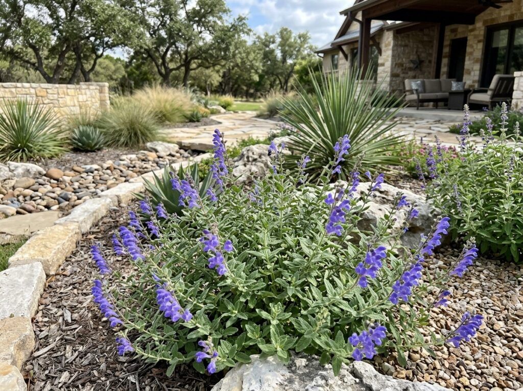 Drummond's Skullcap perennial in a nursery pot with purple blooms and dense green foliage.