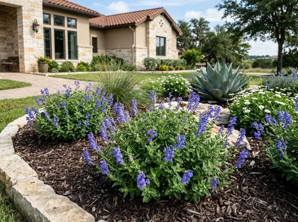 Drummond's Skullcap perennial in a nursery pot, showing mounded green foliage with small purple-blue flowers.