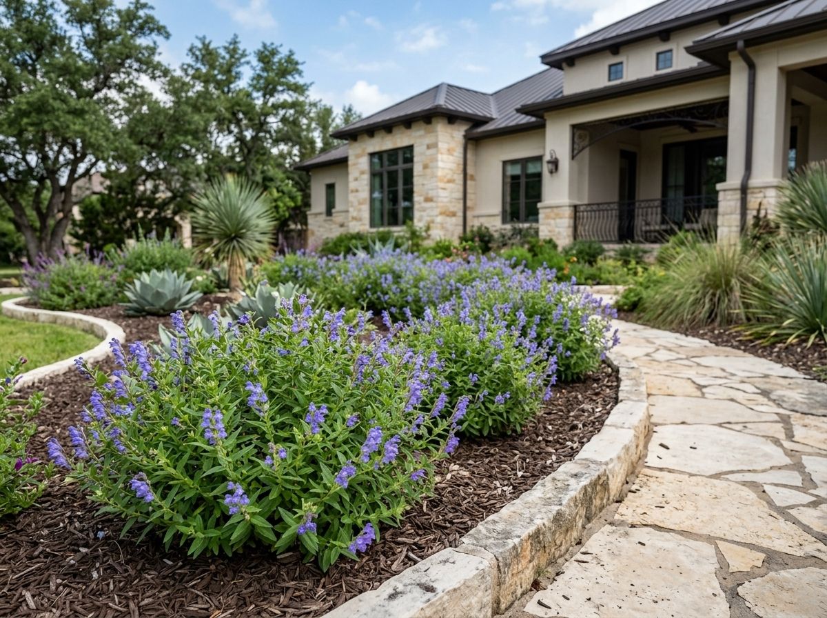 Drummond's Skullcap perennial with purple-blue flowers and green leaves growing in a nursery pot.