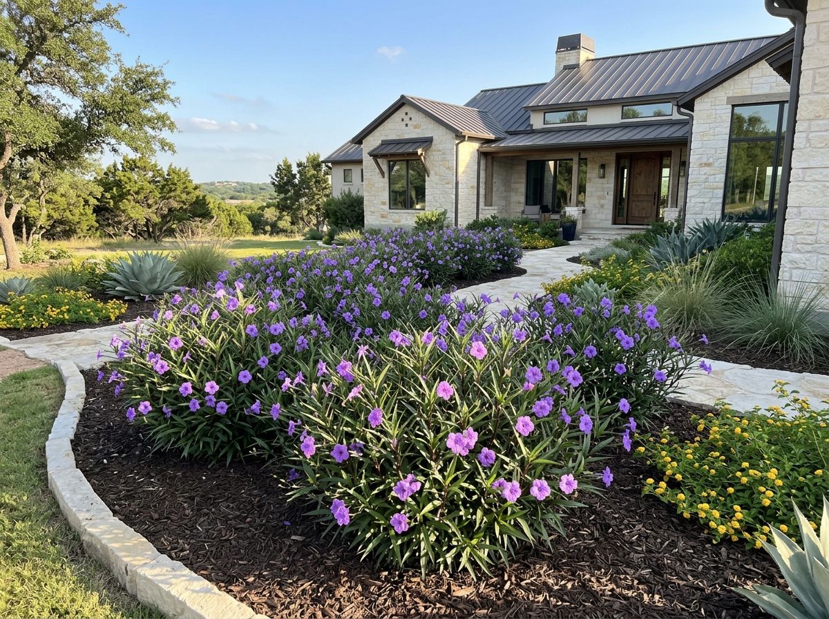 Dwarf Mexican Petunia groundcover with purple blooms and narrow green leaves in a garden bed.