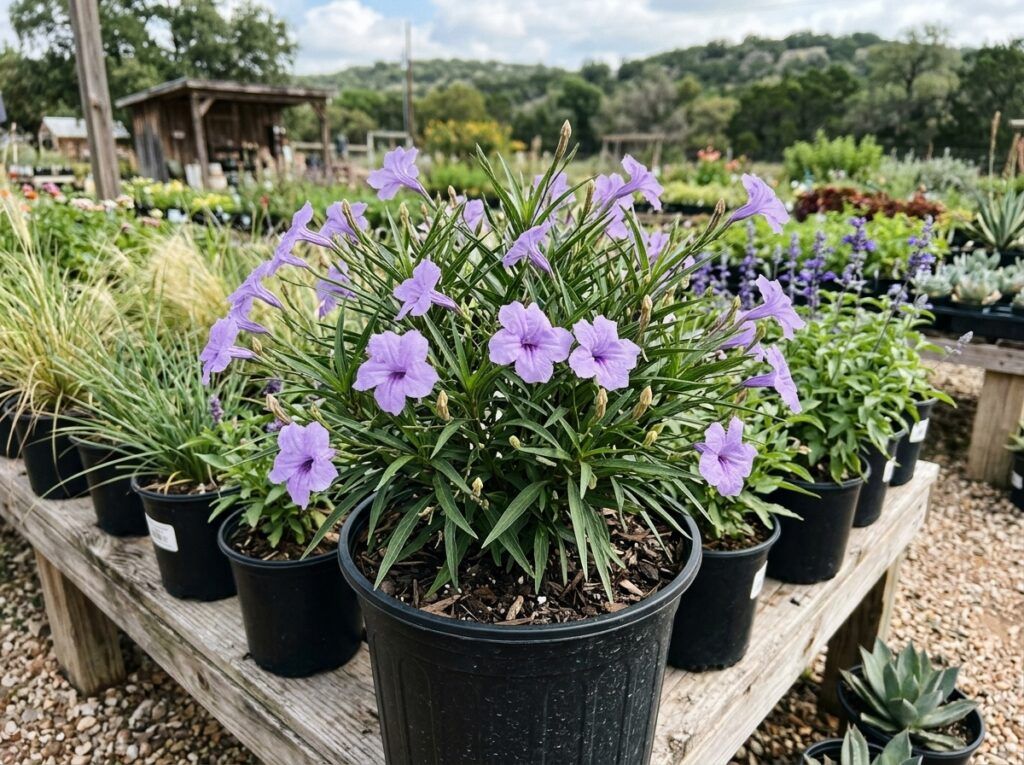 Dwarf Mexican Petunia perennial in a nursery pot, green foliage with purple blooms.