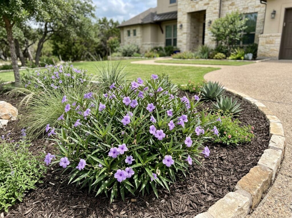 Dwarf Mexican Petunia perennial in a pot, dense green foliage with small purple blooms.