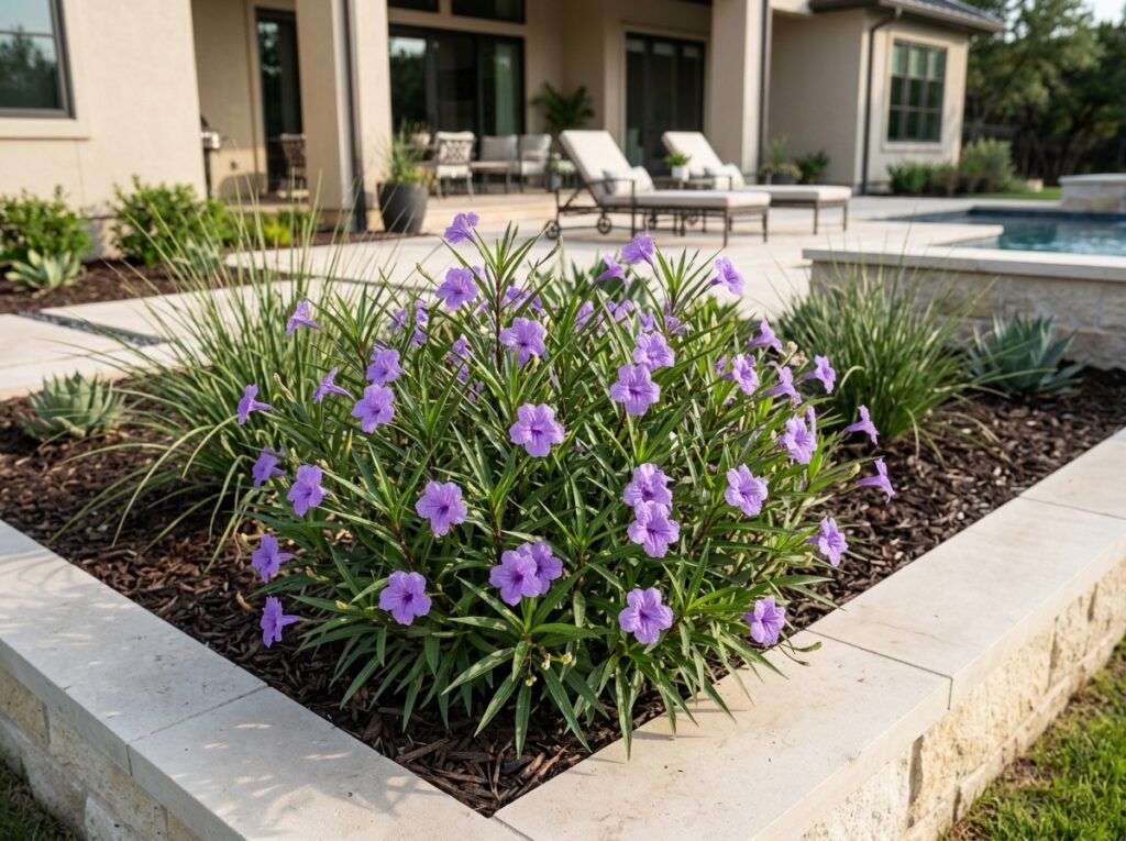 Dwarf Mexican Petunia perennial with narrow green foliage and purple trumpet flowers in a nursery pot.