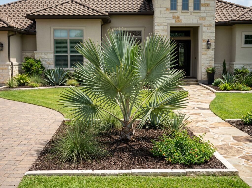 Dwarf Palmetto palm in a black nursery pot with dense fan-shaped green fronds.