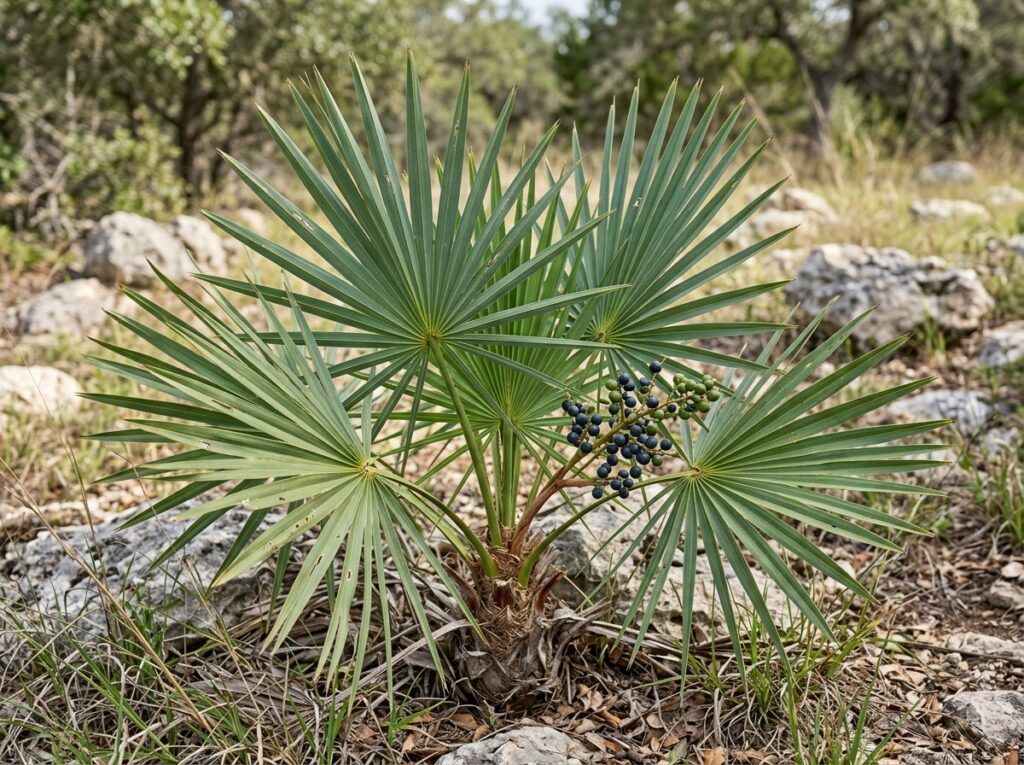 Dwarf Palmetto palm in a black nursery pot with dense green fan-shaped fronds.