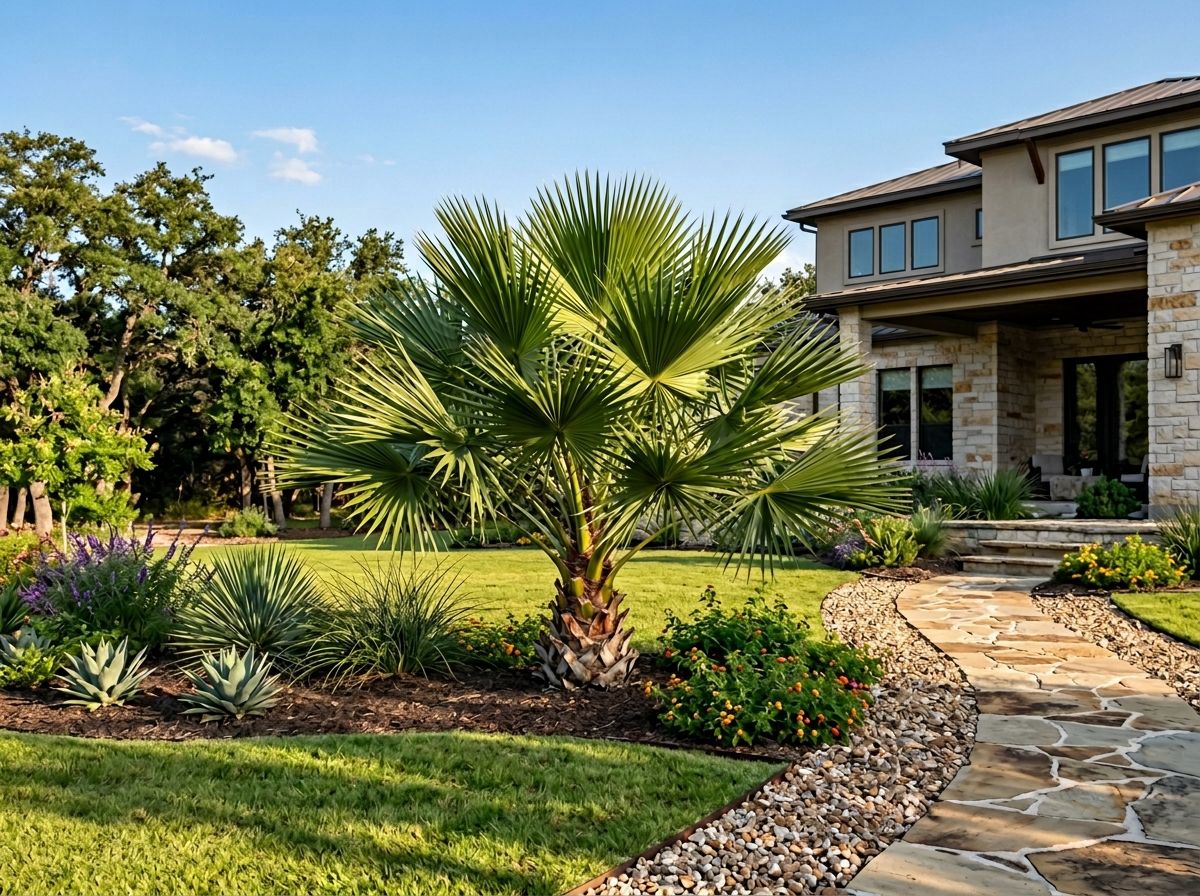 Dwarf Palmetto palm with fan-shaped green fronds growing in a landscape bed.