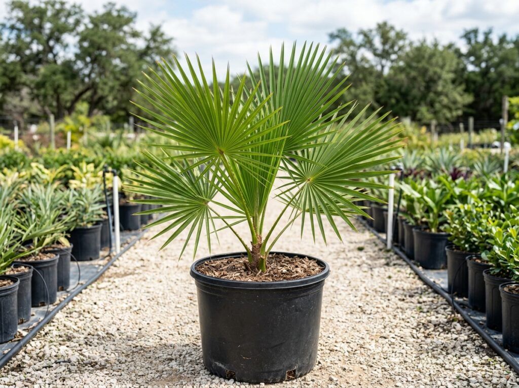 Dwarf Palmetto palm with fan-shaped green fronds growing in a nursery pot.