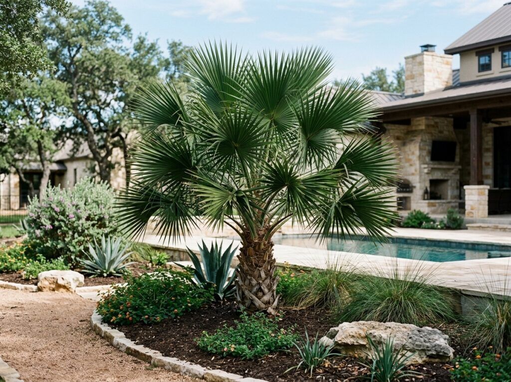 Dwarf Palmetto palm with fan-shaped green fronds in a nursery container.