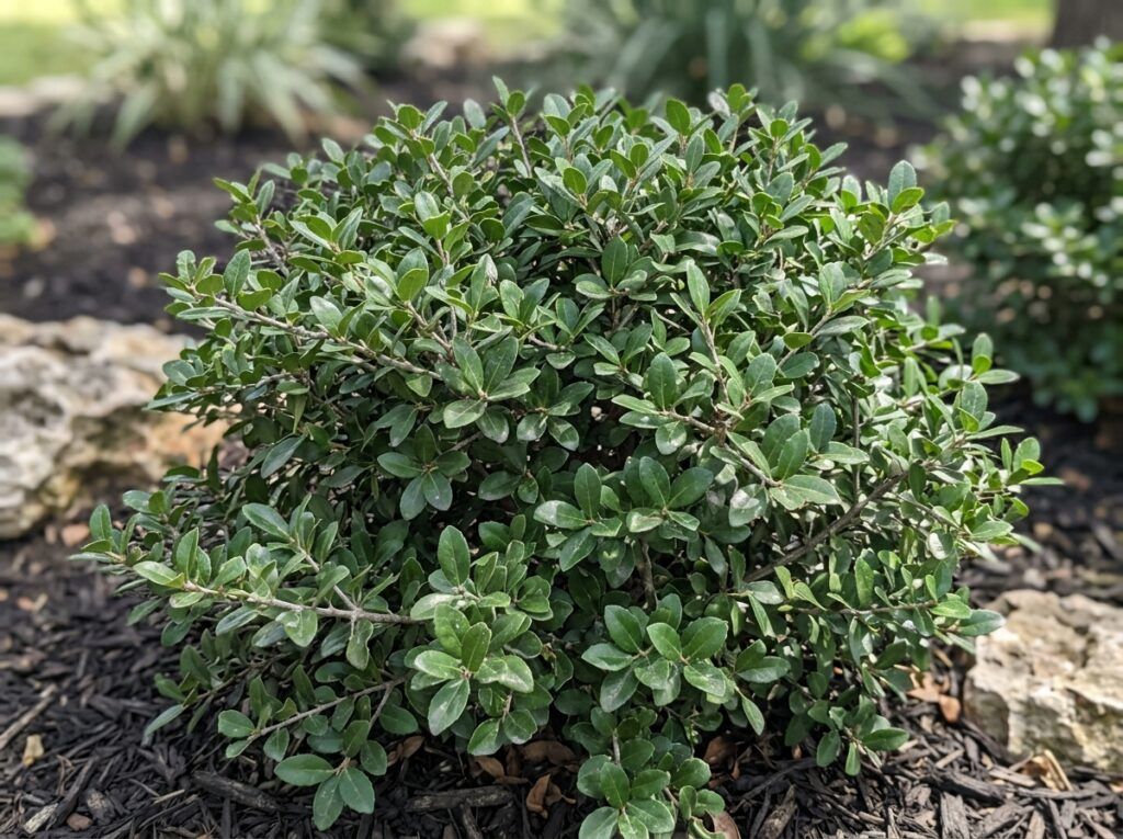 Dwarf Yaupon Holly shrub with dense small green leaves in a black nursery pot.