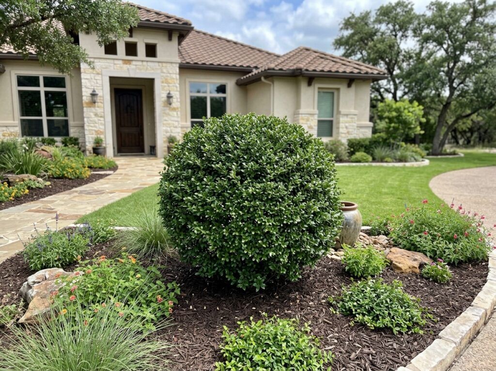 Dwarf Yaupon Holly shrub with dense small green leaves, shown as a rounded plant in a pot.