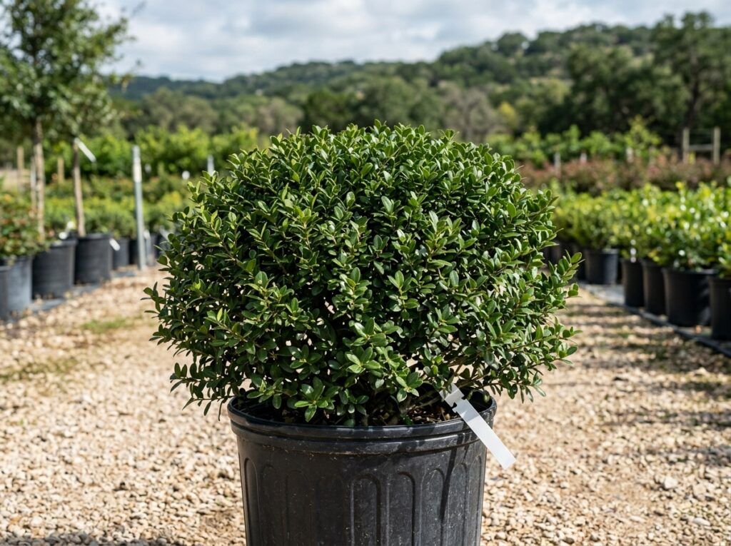 Dwarf Yaupon Holly shrub with dense small green leaves in a nursery container against white background.