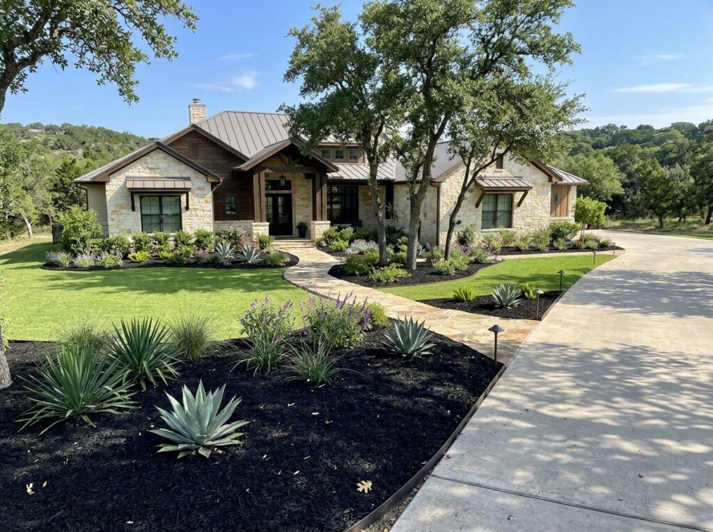 Dyed Black Mulch ground cover spread around plants in a garden bed, dark shredded texture against soil.